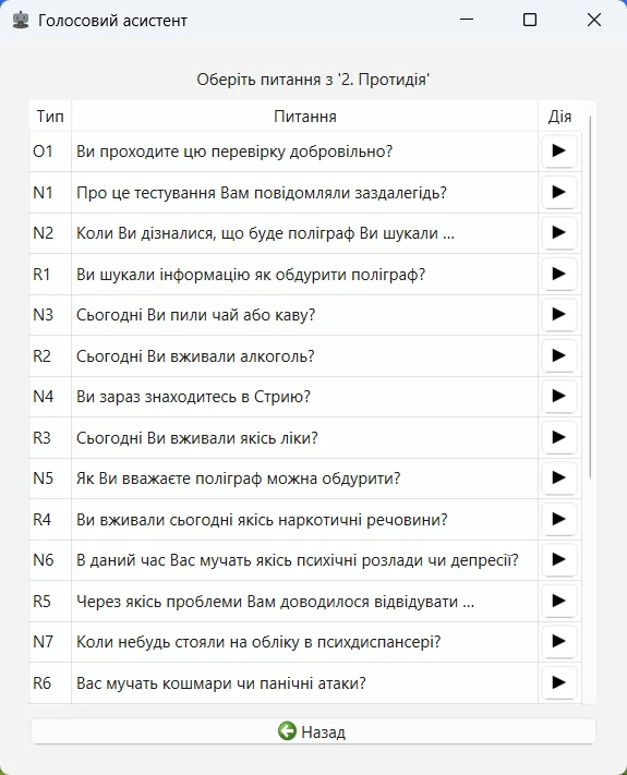 Rubicon Assistant: список питань тесту з кнопками відтворення
